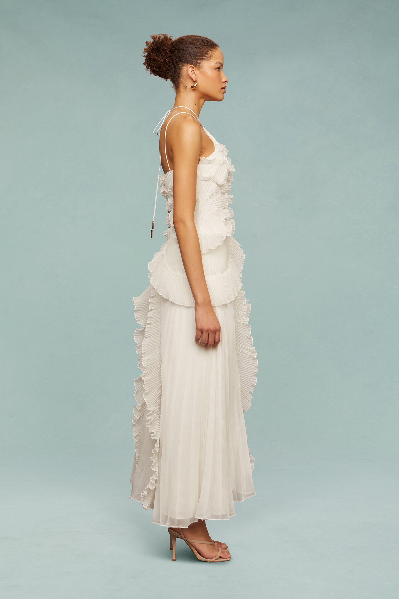 White Pleated Ruffle Midi Dress with Halter Neck for Women - Clotilde