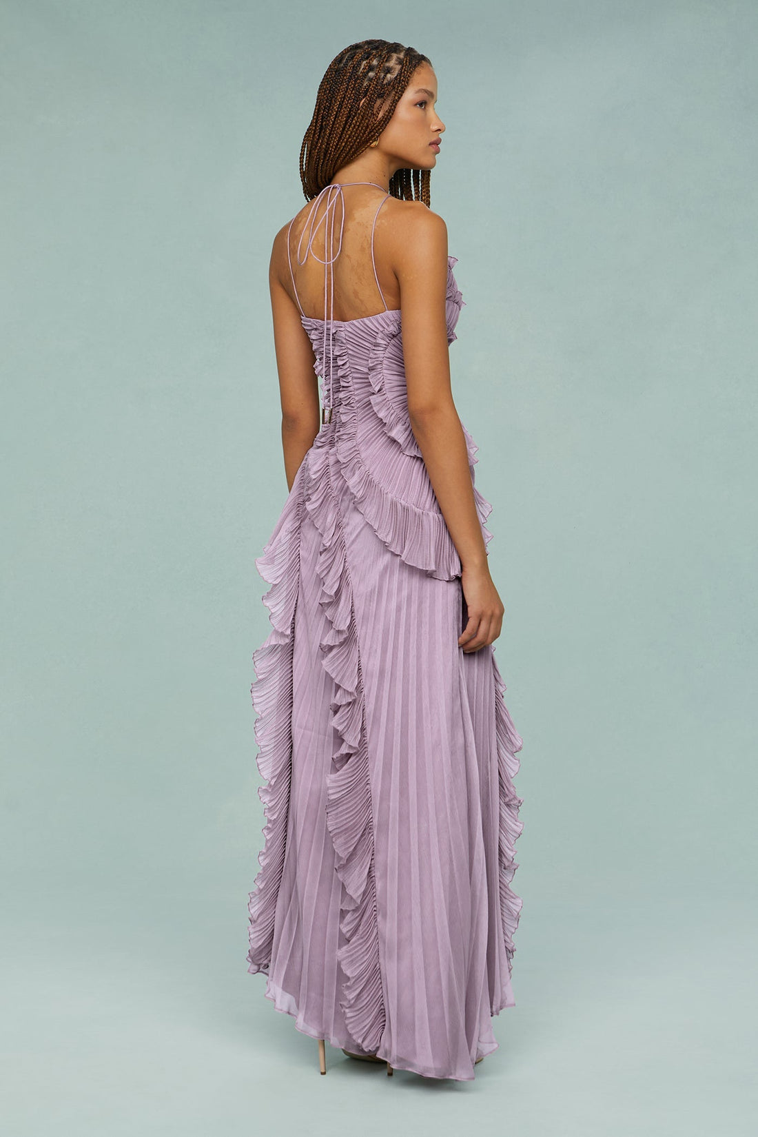 Lilac Pleated Halter Neck Maxi Dress with Ruffle Trim for Women - Beatrice