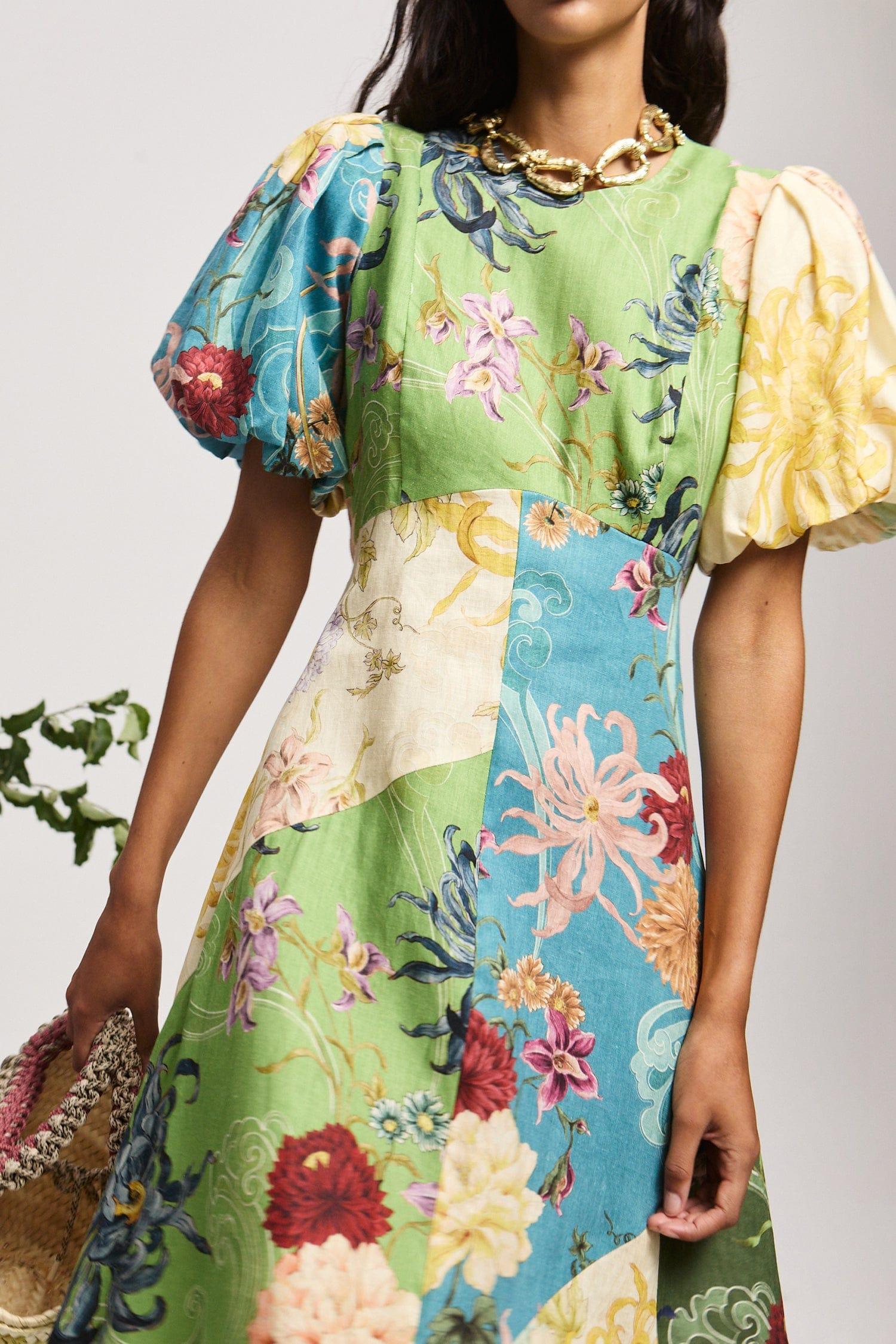 Multicolor Floral Patchwork Midi Dress with Puff Sleeves for Women - Natalia