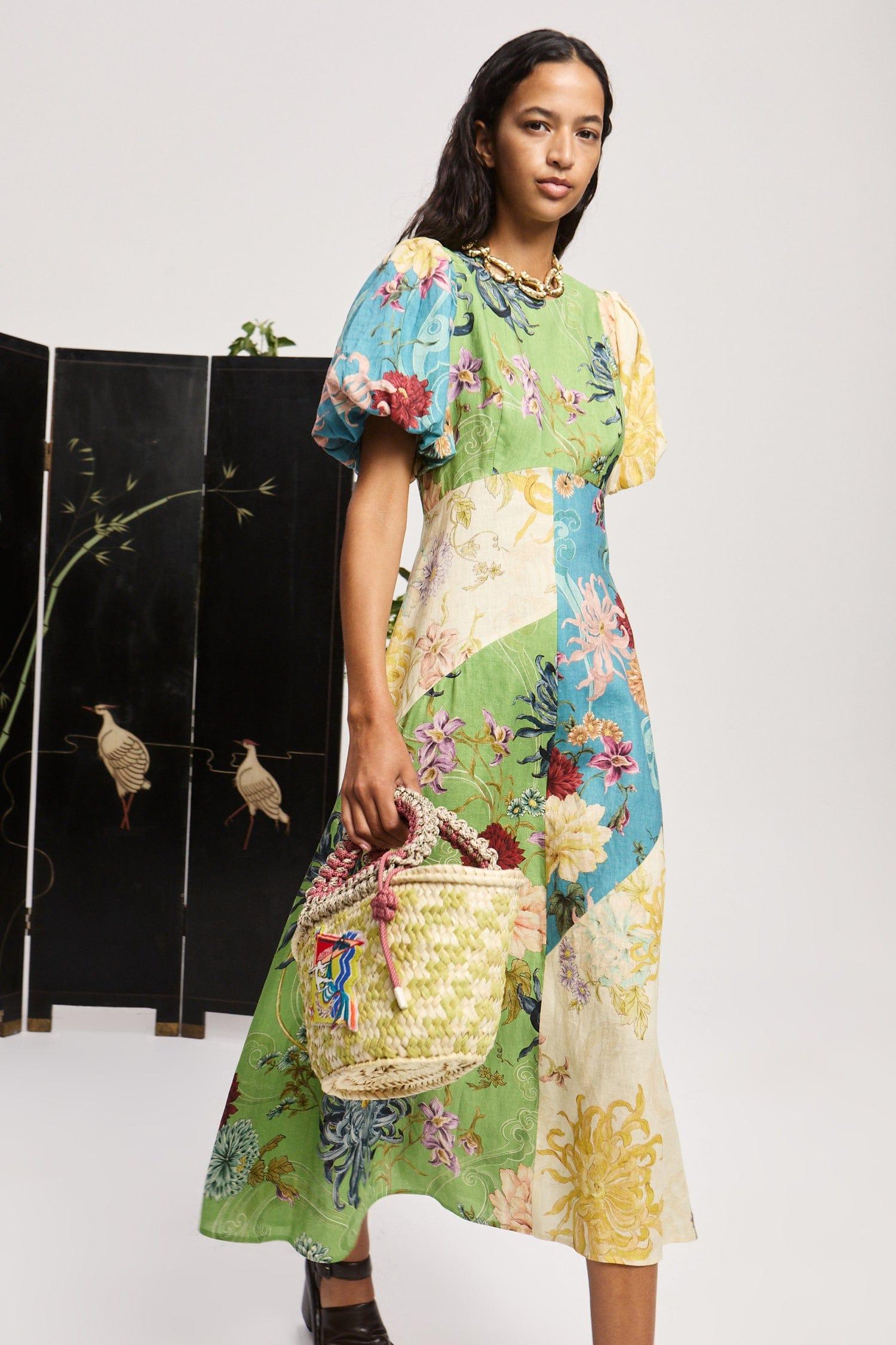 Multicolor Floral Patchwork Midi Dress with Puff Sleeves for Women - Natalia