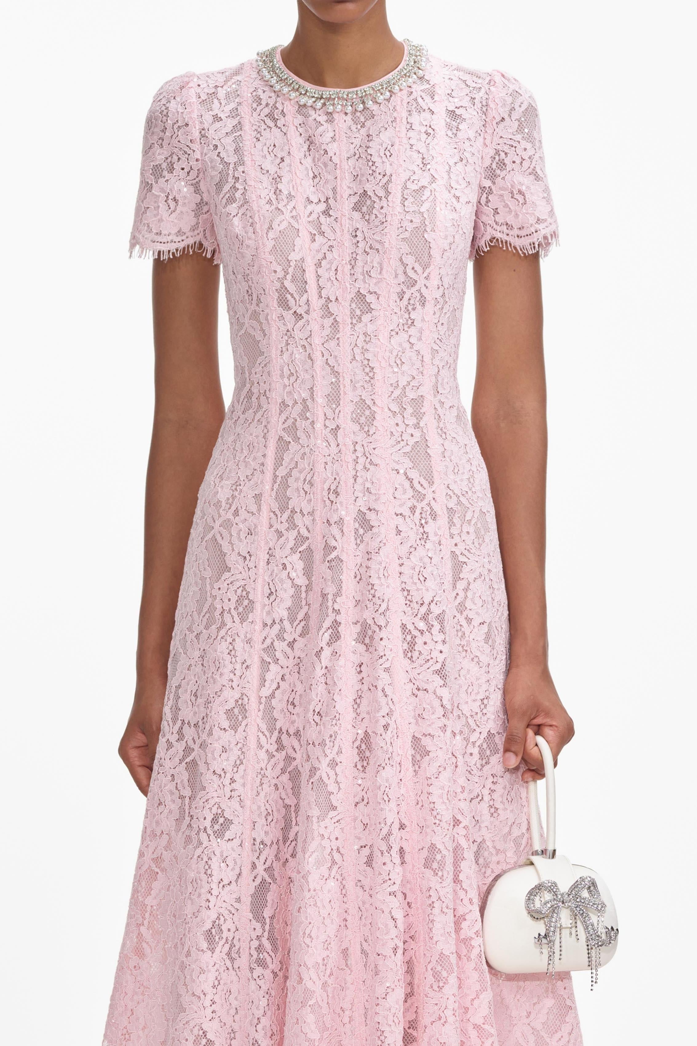 Light Pink Lace Midi Dress with Short Sleeves for Women - Daria