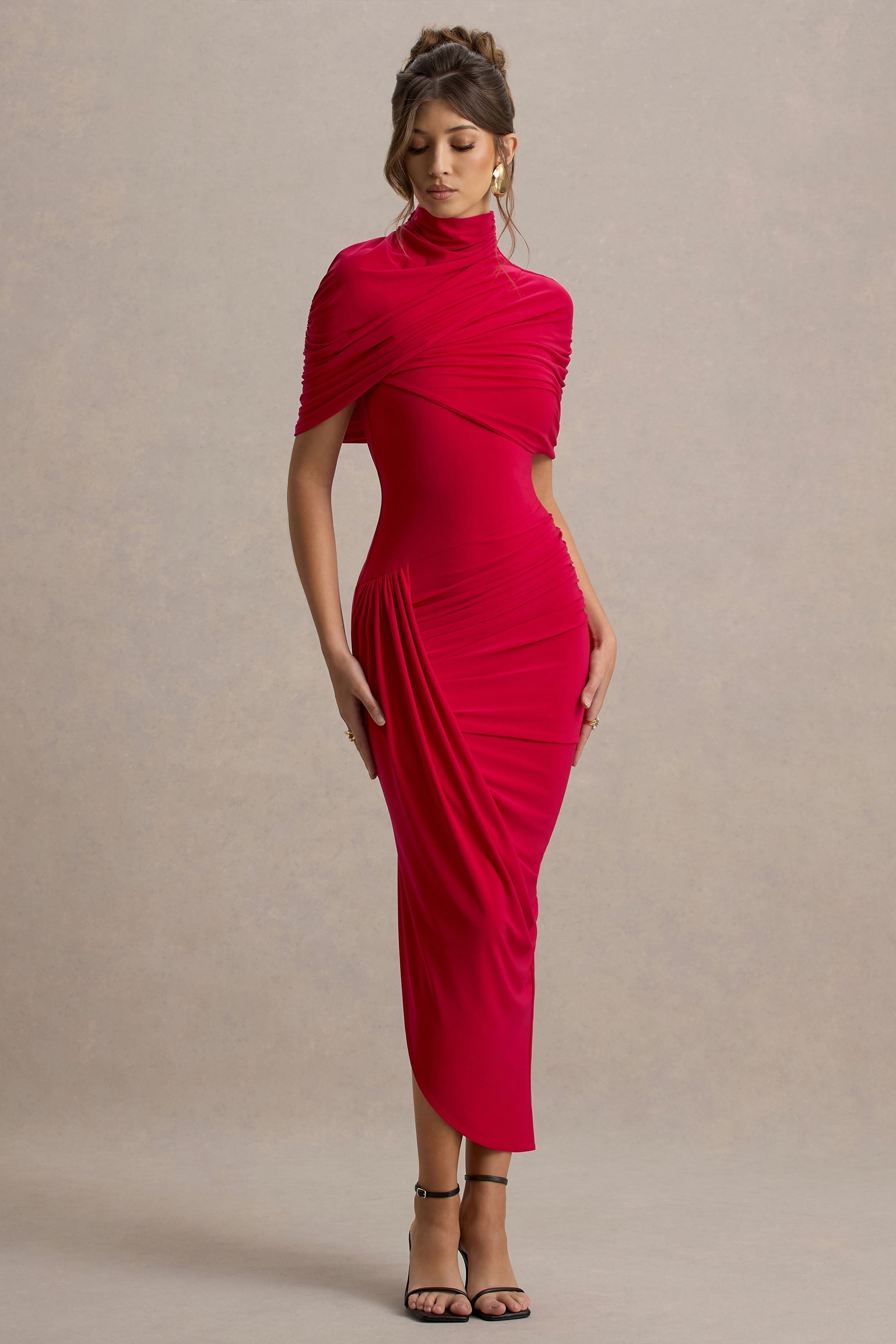 Draped Midi Dress with High Neck for Women - Barbara