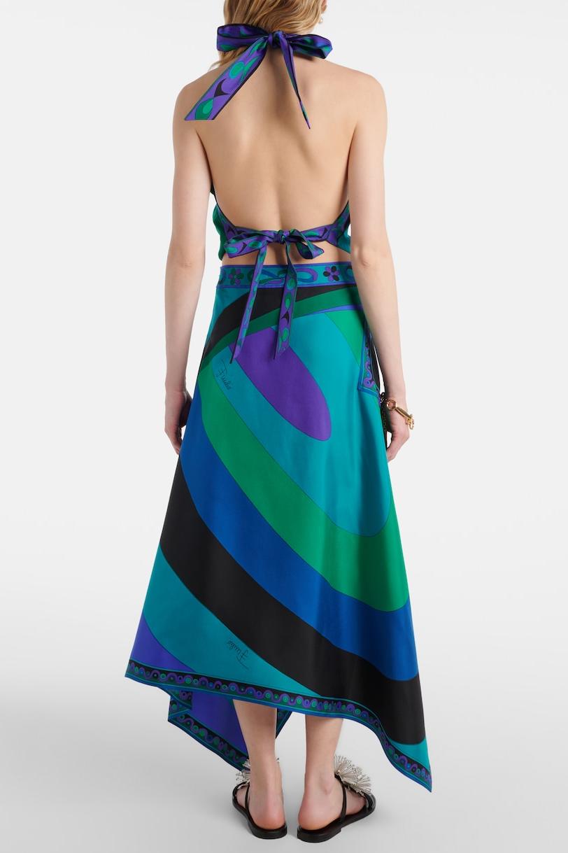Satin Halter Top and Scarf Print Midi Skirt Set for Women - Ester