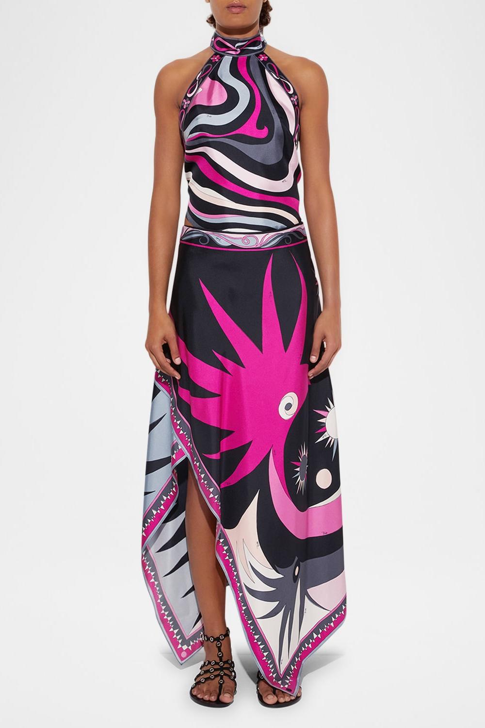 Satin Halter Top and Scarf Print Midi Skirt Set for Women - Ester