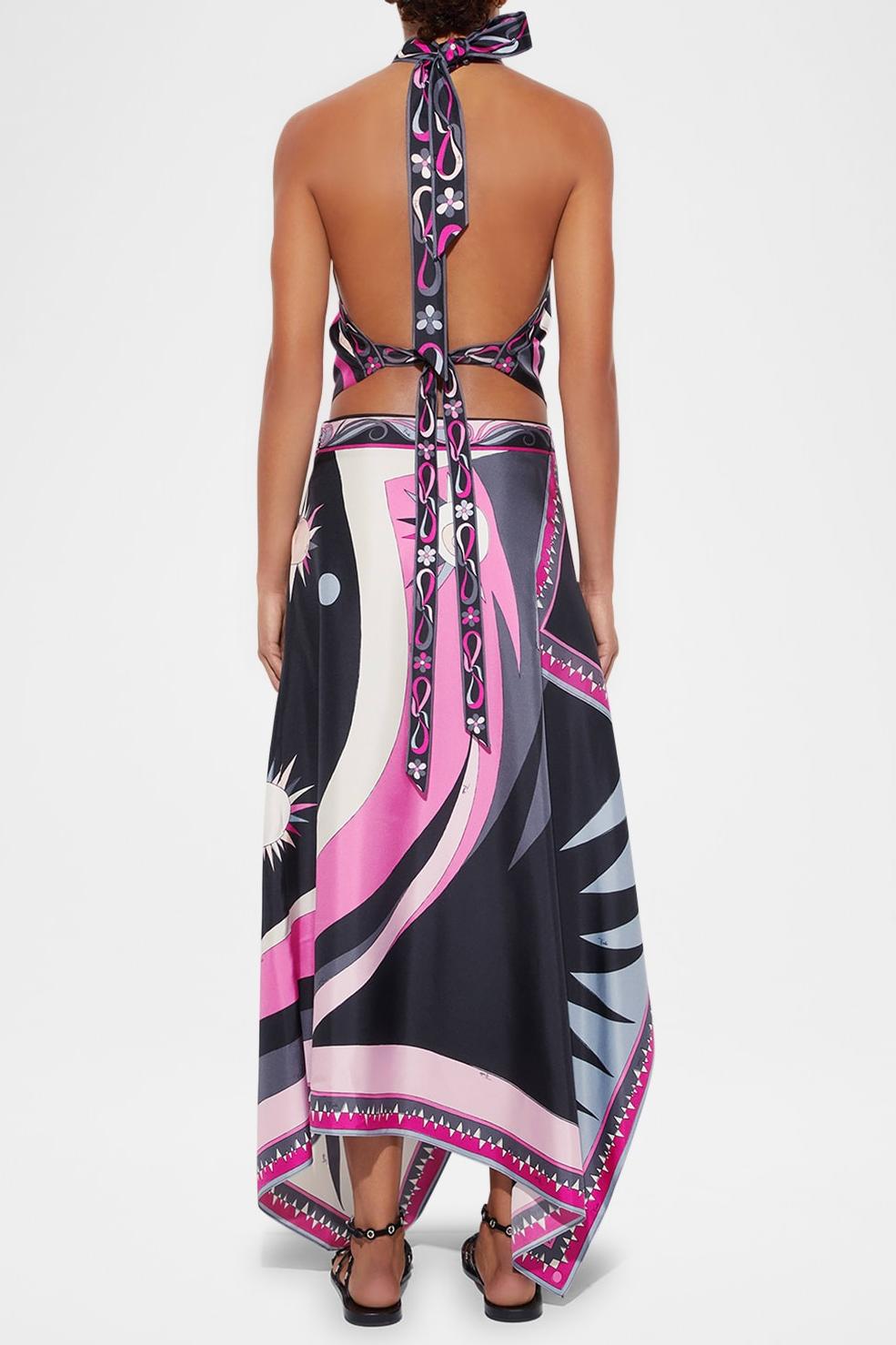Satin Halter Top and Scarf Print Midi Skirt Set for Women - Ester