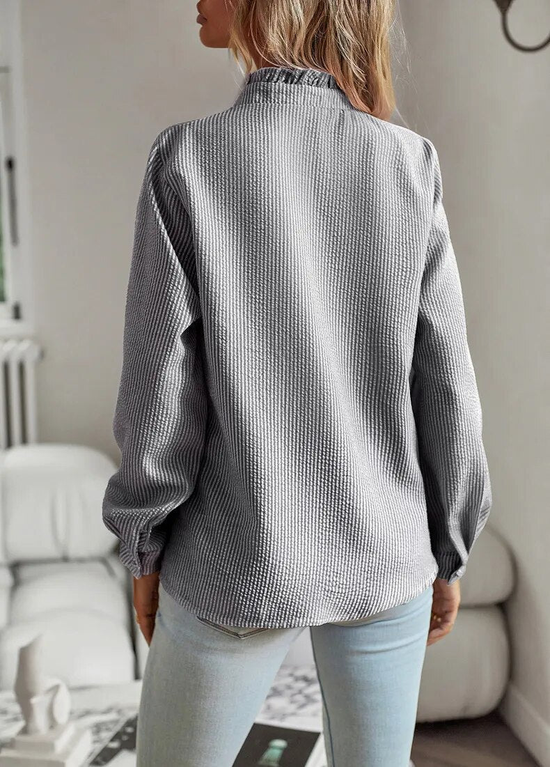 Ruffled Trim Button-Up Blouse for Women | Long Sleeve