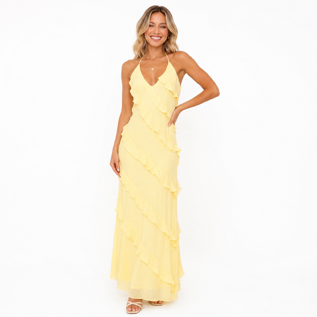Long Halter Neck Ruffled Party Dress
