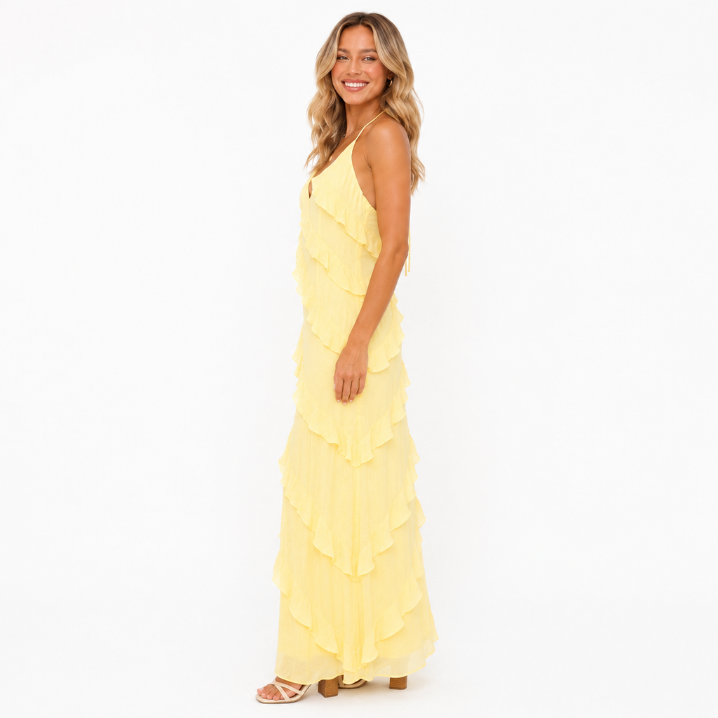 Long Halter Neck Ruffled Party Dress