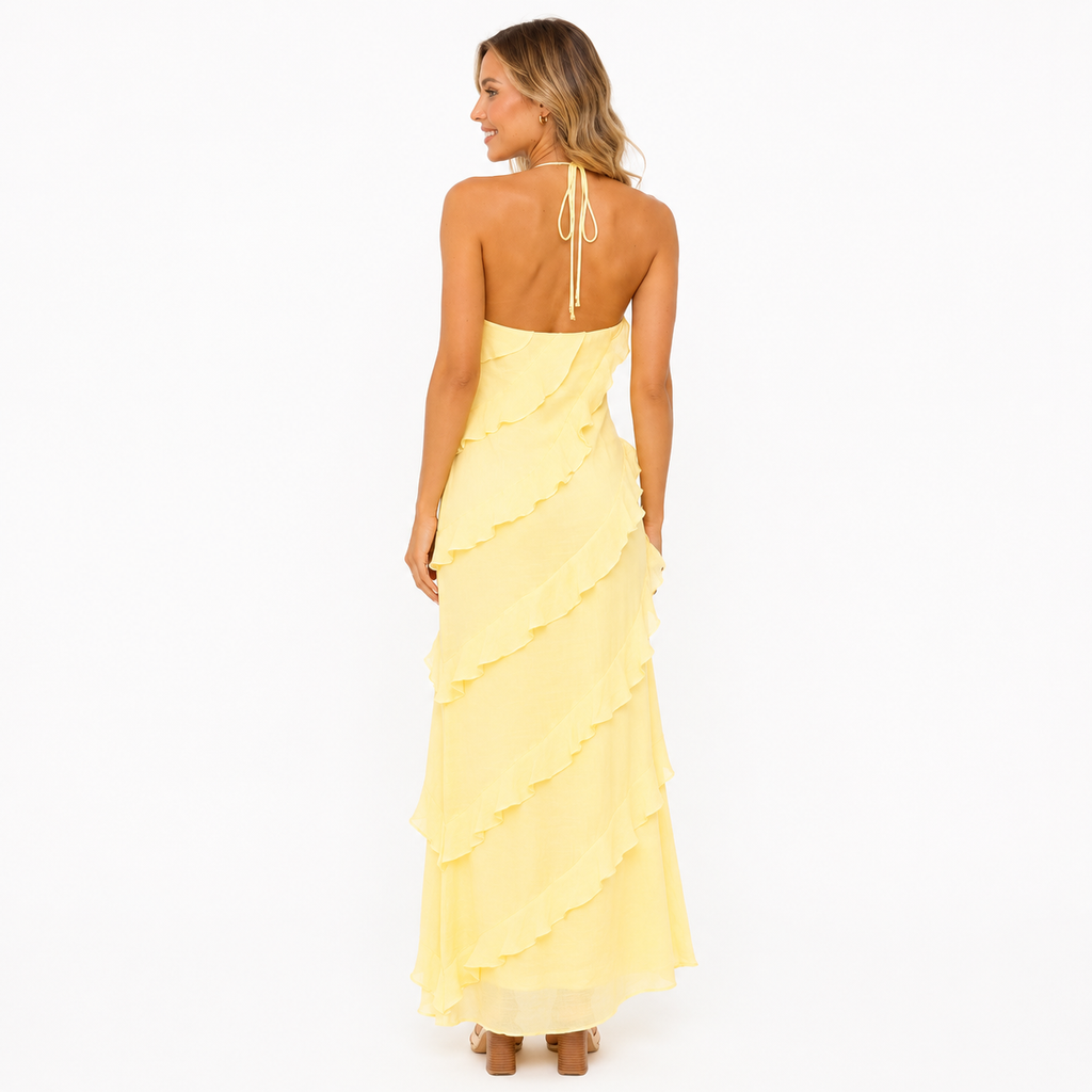 Long Halter Neck Ruffled Party Dress