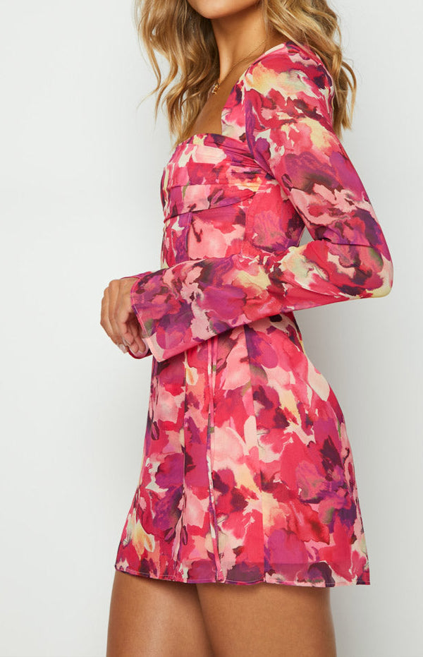 Abriana Pink Print Long Sleeve Mini Dress
