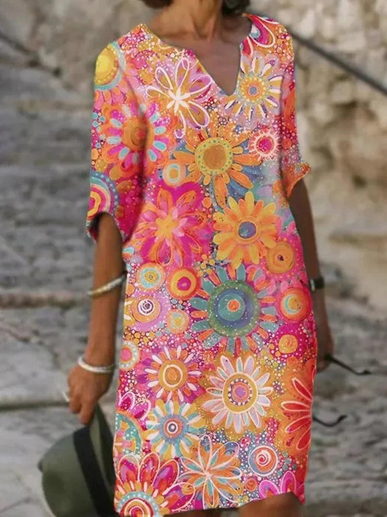 Women's V-Neck Floral Print Mini Summer Dress