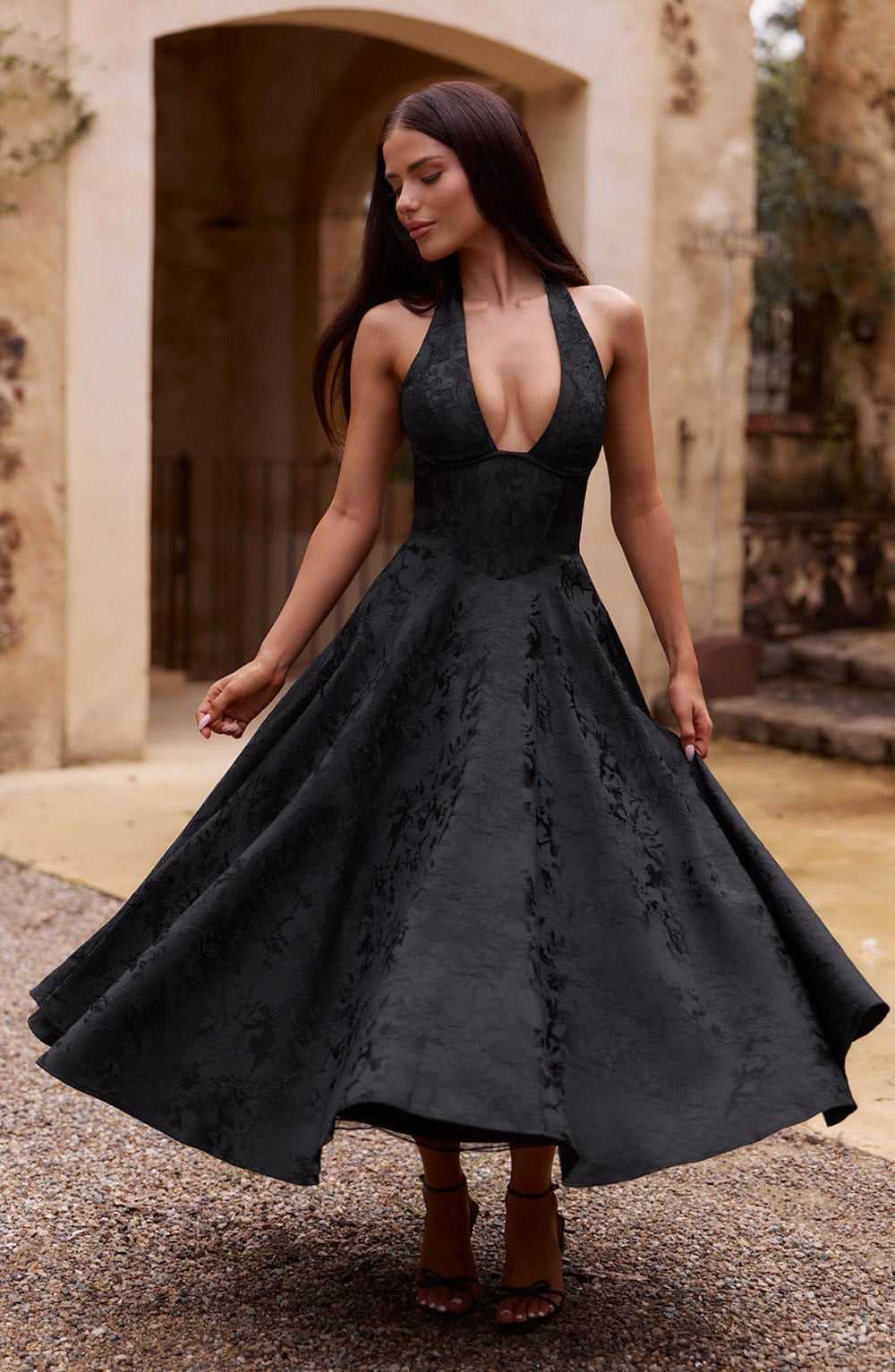 Midi Dress with Deep V Neckline for Women - Iris