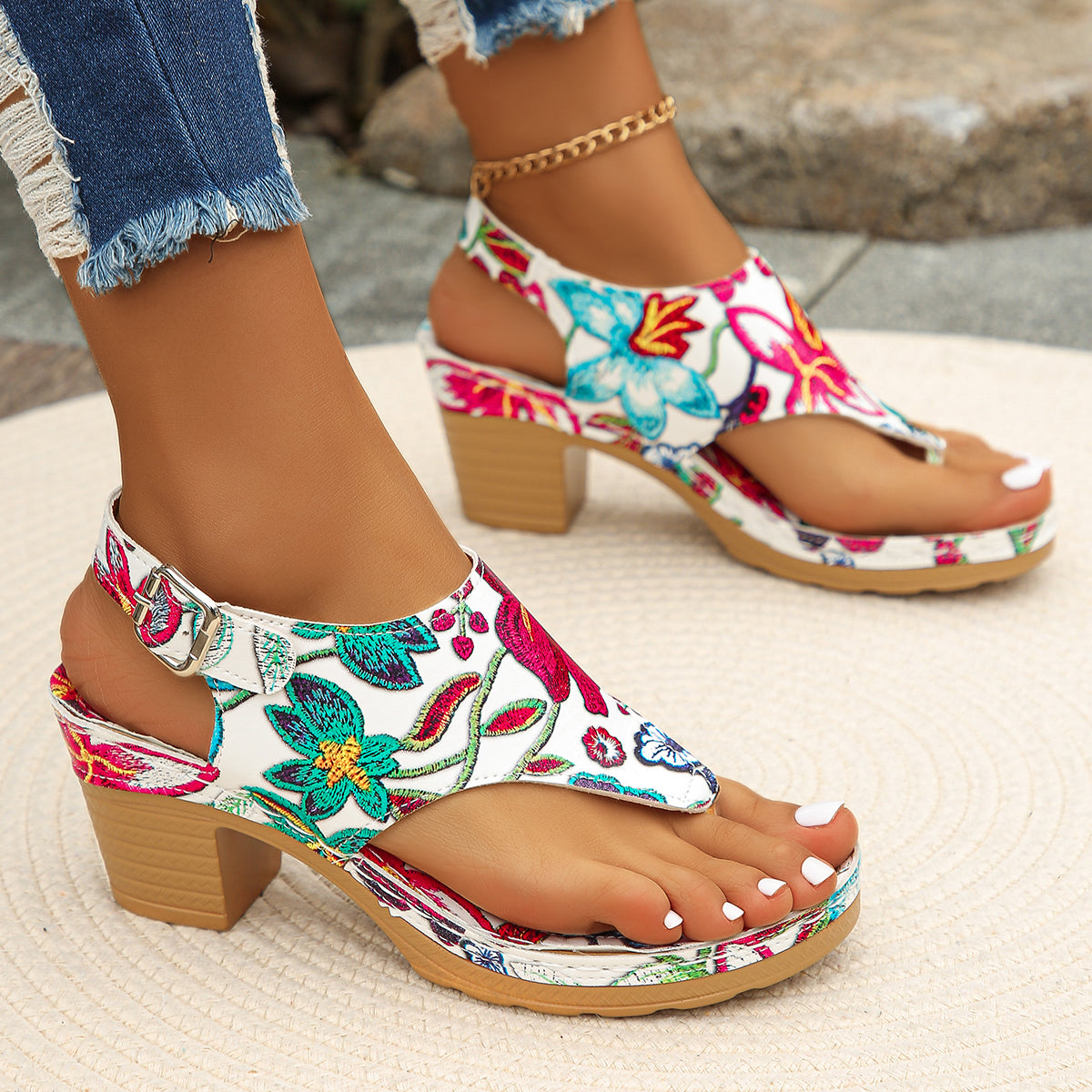 Women's Floral Chunky Block Heel Sandals | Platform Slingbacks