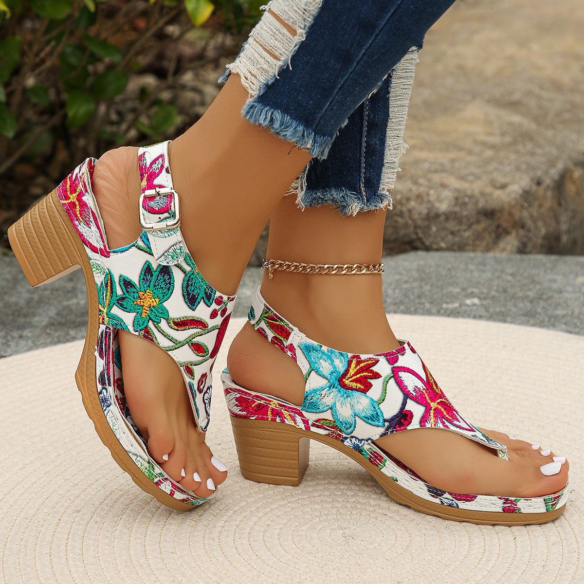 Women's Floral Chunky Block Heel Sandals | Platform Slingbacks