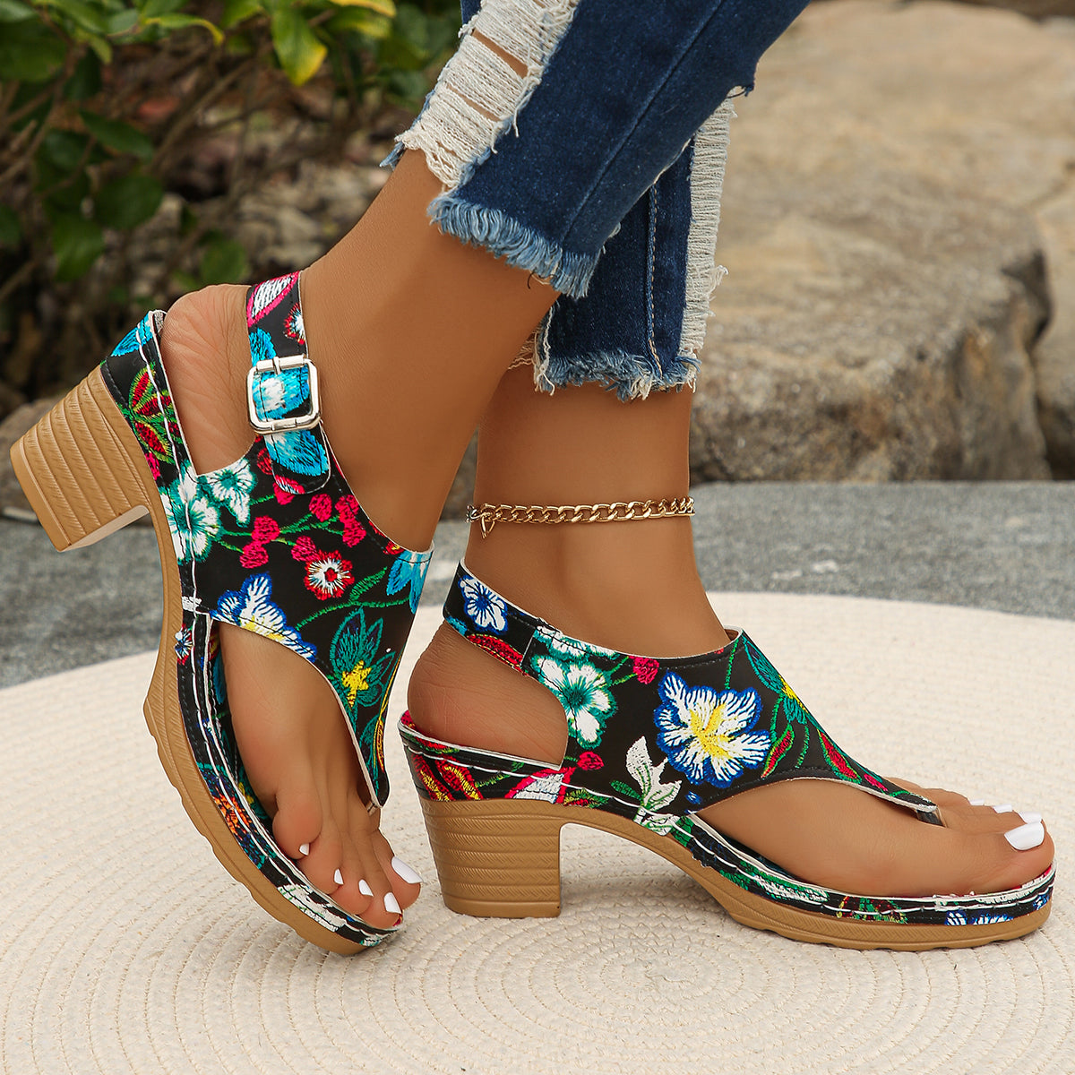 Women's Floral Chunky Block Heel Sandals | Platform Slingbacks