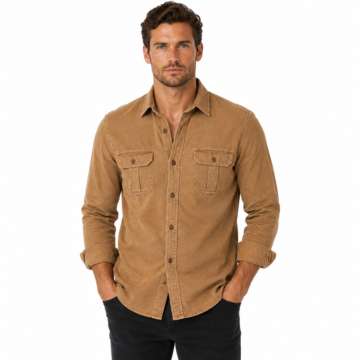 Men's Casual Long Sleeve Shirt with Flap Pockets