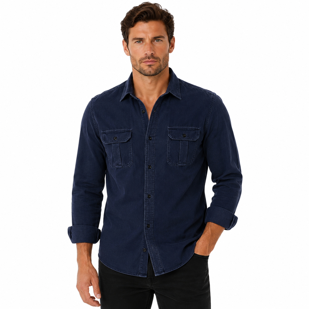 Men's Casual Long Sleeve Shirt with Flap Pockets