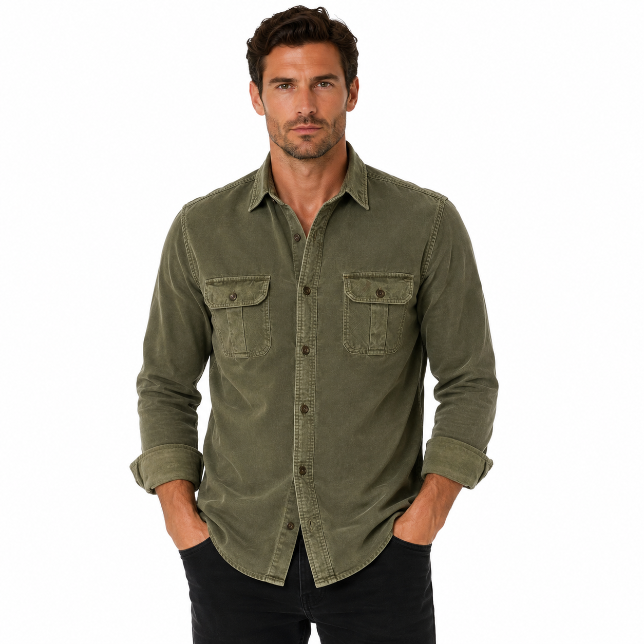 Men's Casual Long Sleeve Shirt with Flap Pockets