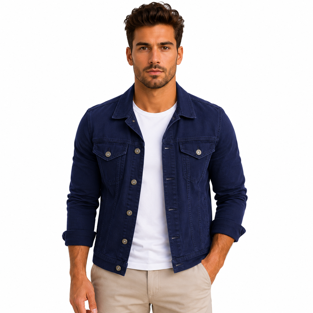Men's Casual Slim-Fit Denim Jacket with Multiple Pockets