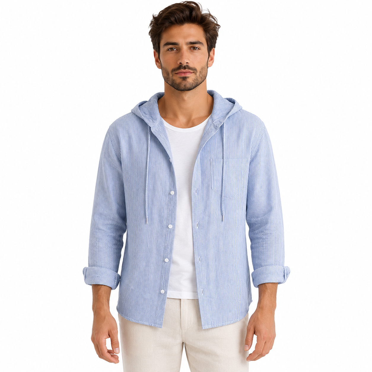 Men's Hooded Linen Blouse with Button Placket