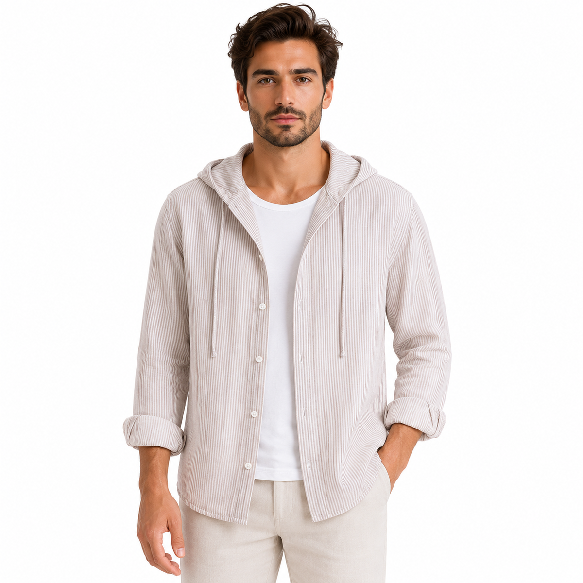 Men's Hooded Linen Blouse with Button Placket