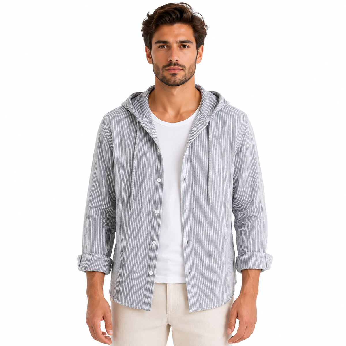 Men's Hooded Linen Blouse with Button Placket