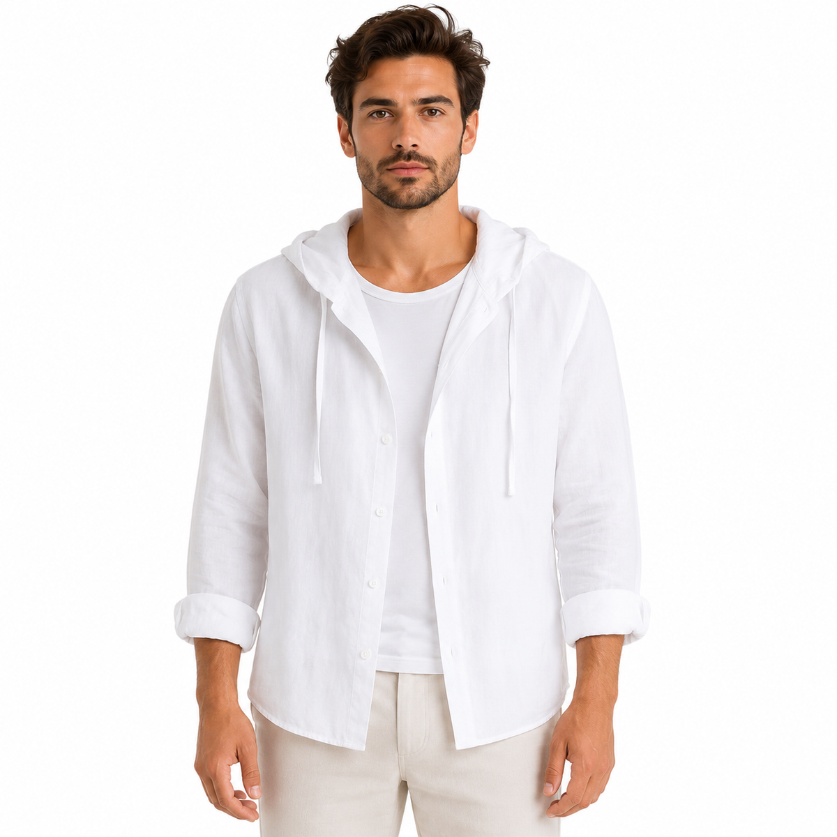 Men's Hooded Linen Blouse with Button Placket