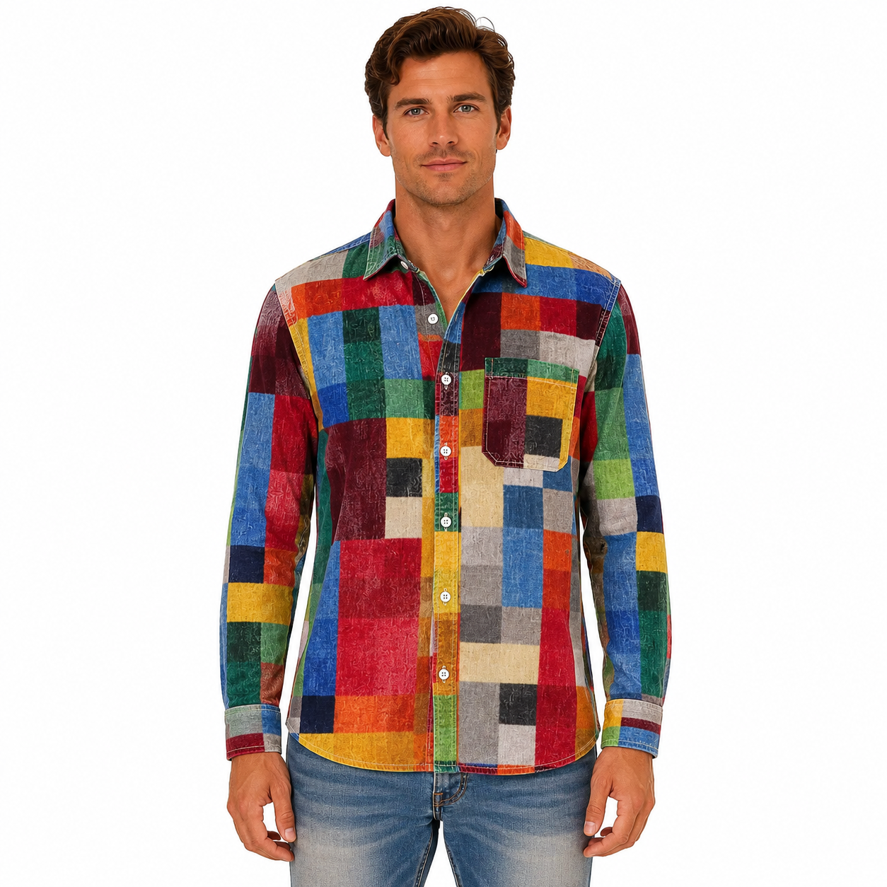 Men's Long Sleeve Colorful Checkered Shirt