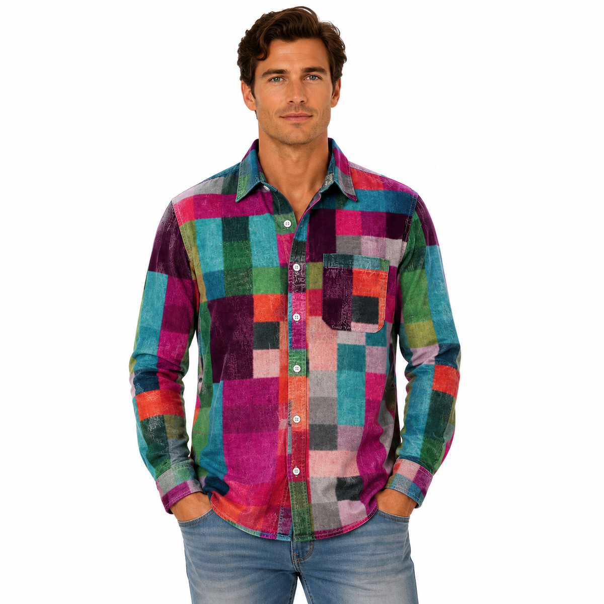 Men's Long Sleeve Colorful Checkered Shirt