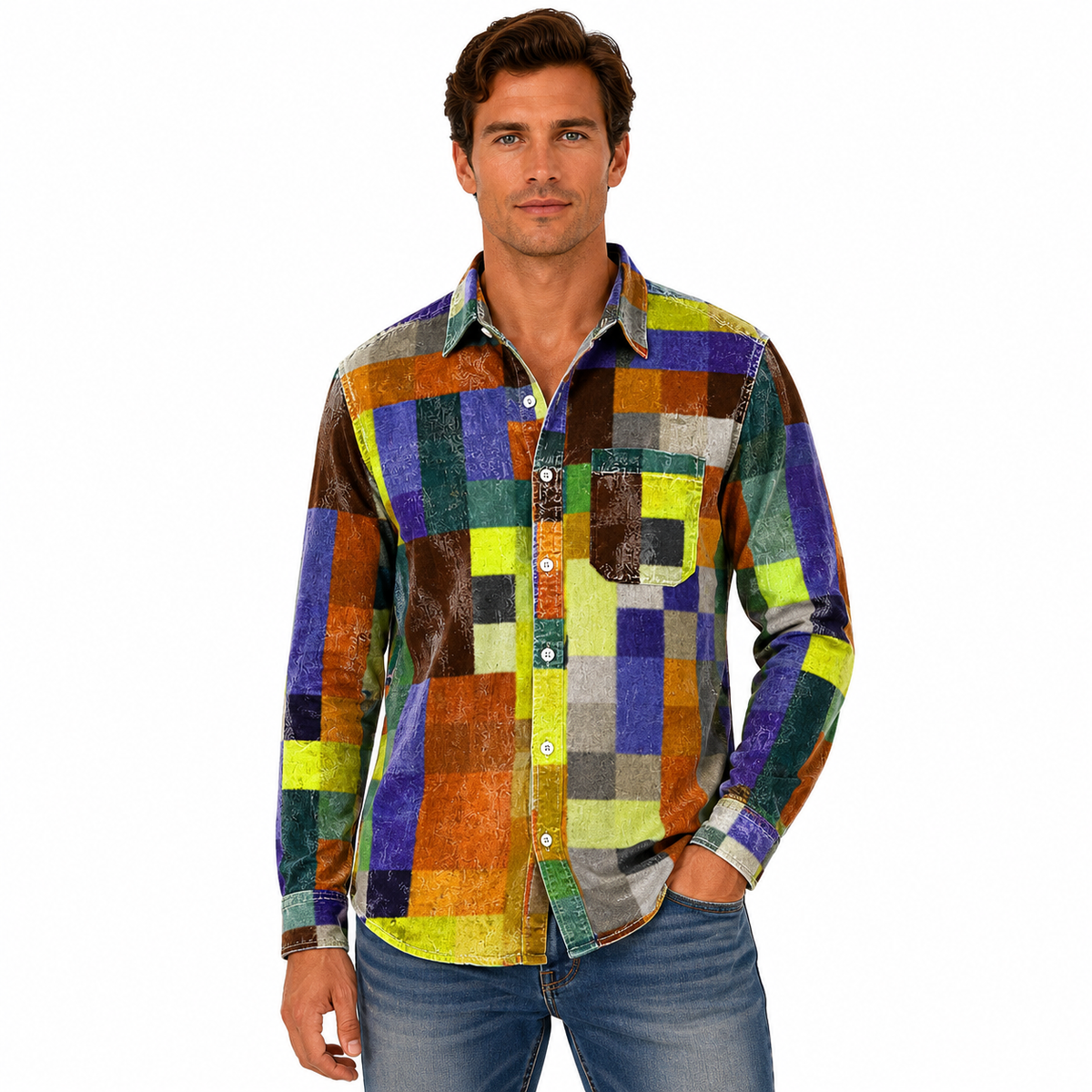 Men's Long Sleeve Colorful Checkered Shirt