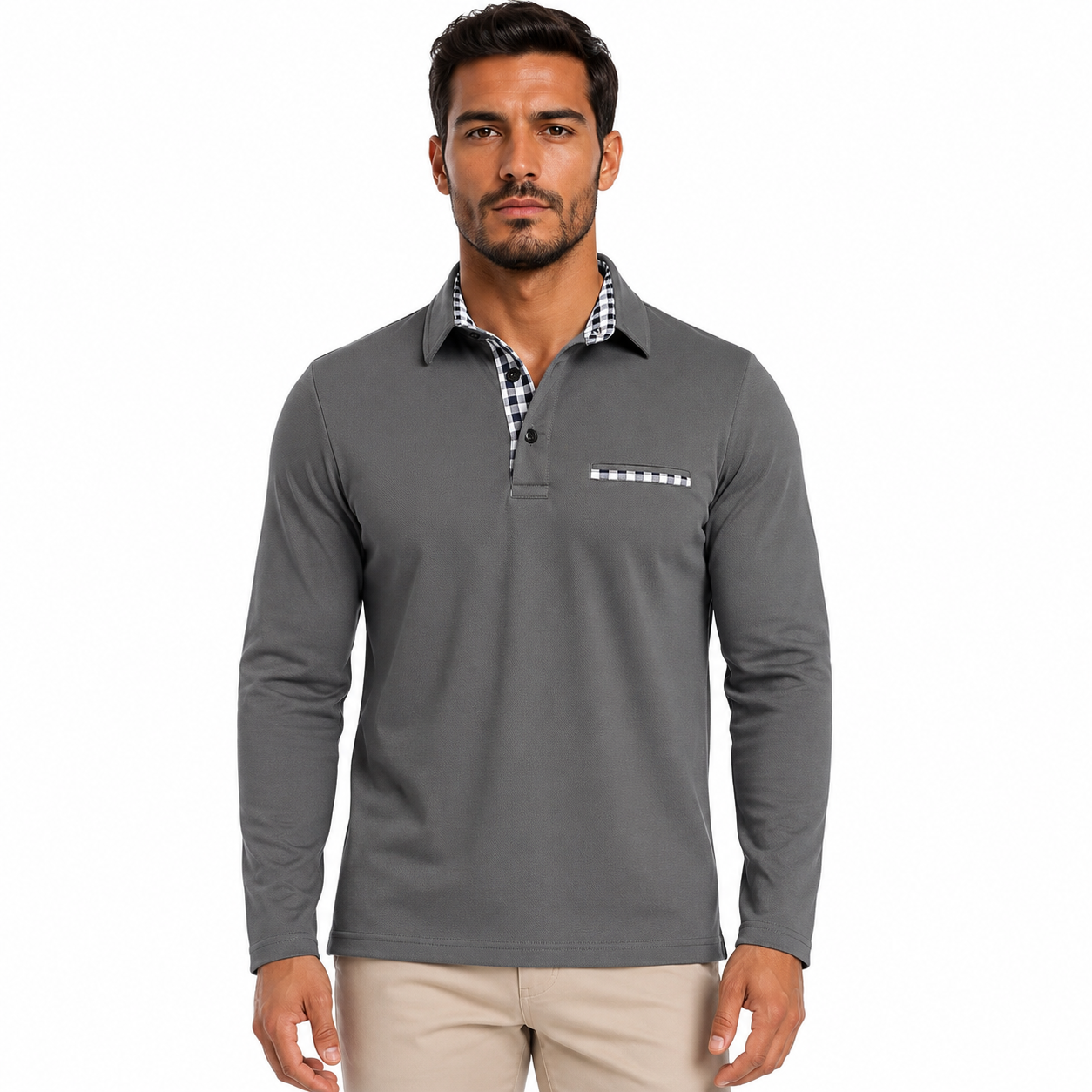 Men's Long Sleeve Polo Shirt for Business Casual Wear | Check Pattern Design
