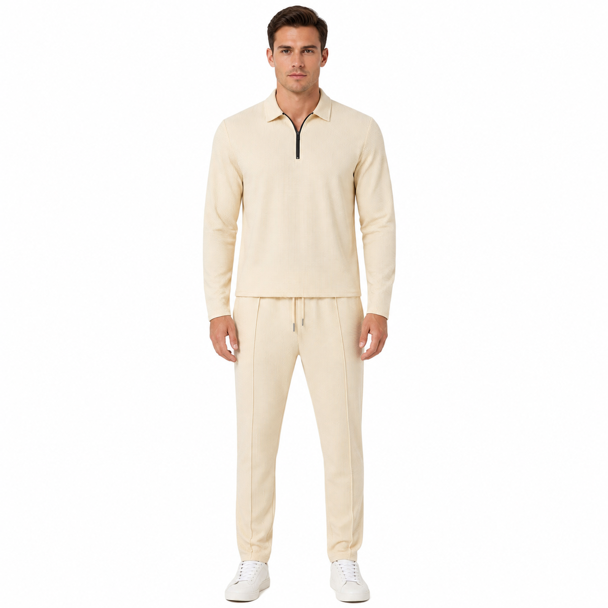 Men's Quarter-Zip Long Sleeve Polo and Pants Lounge Set
