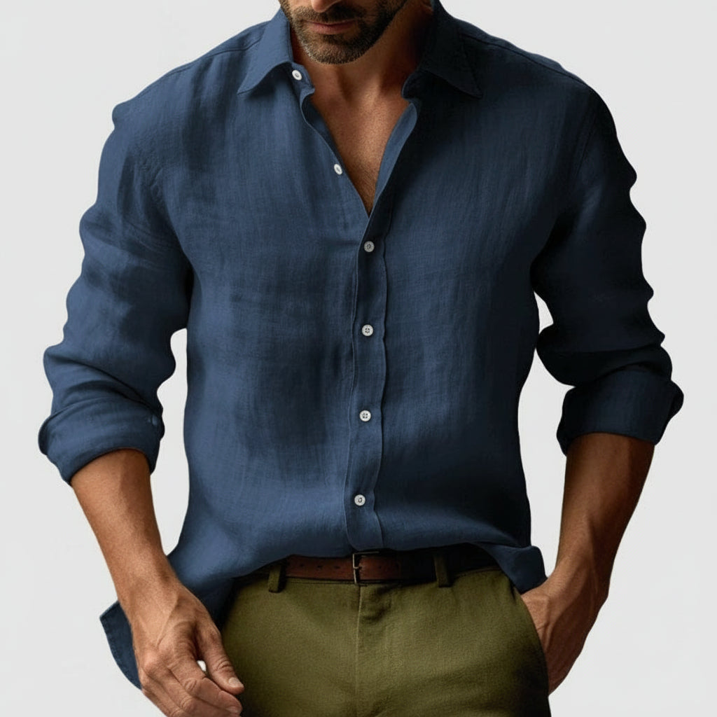Men's Long Sleeve Casual Linen Button-Up Shirt