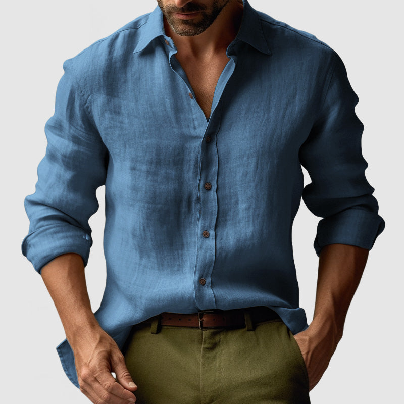 Men's Long Sleeve Casual Linen Button-Up Shirt