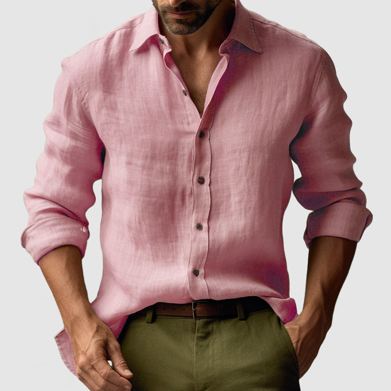 Men's Long Sleeve Casual Linen Button-Up Shirt