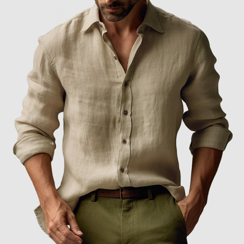 Men's Long Sleeve Casual Linen Button-Up Shirt