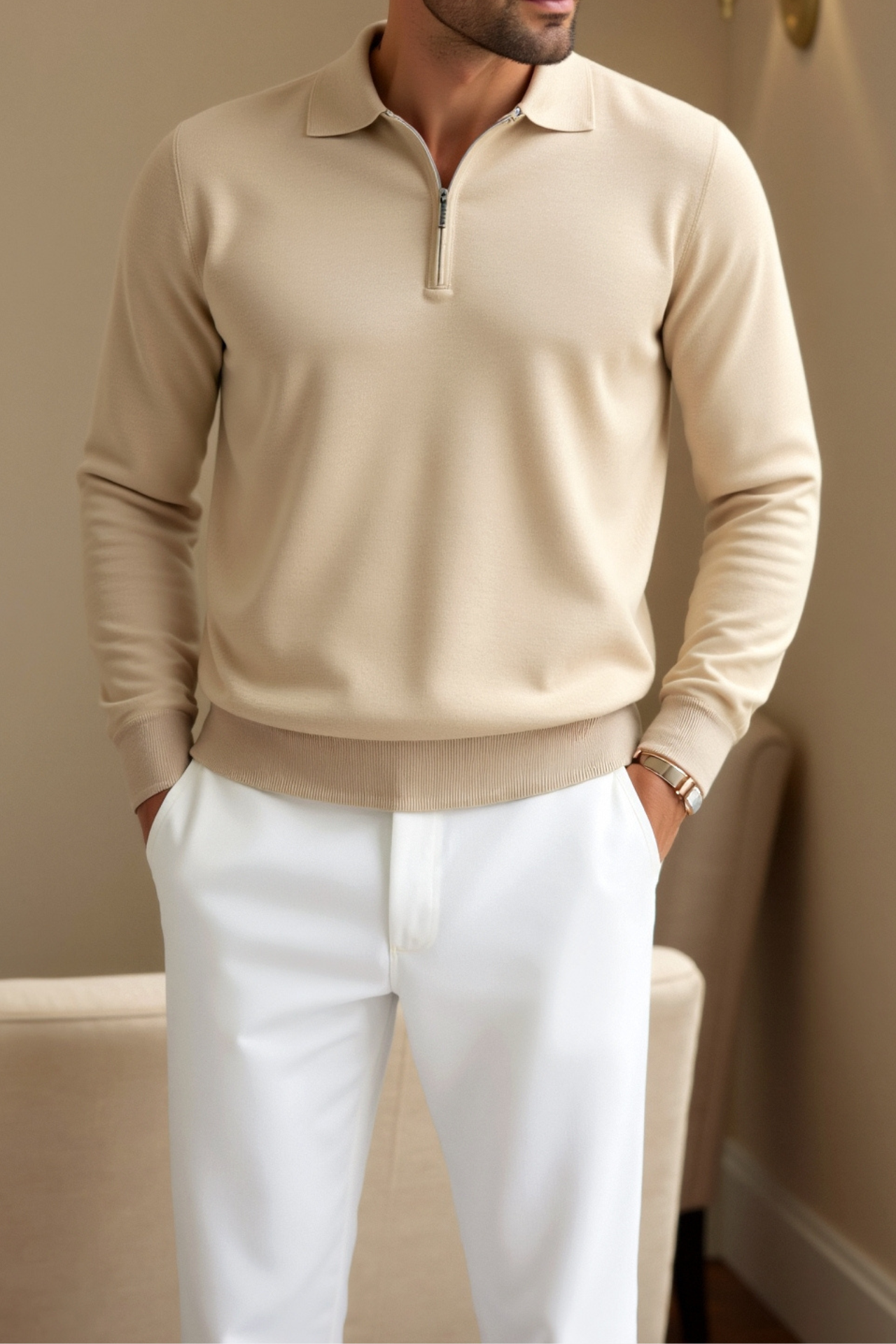 Men's Long Sleeve Casual Quarter-Zip Polo Shirt