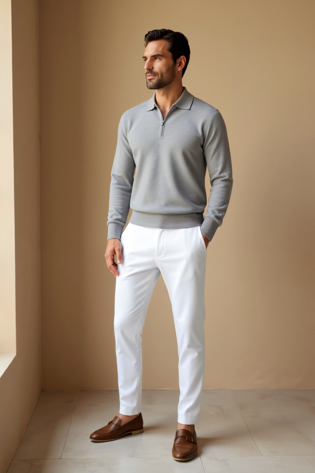 Men's Long Sleeve Casual Quarter-Zip Polo Shirt