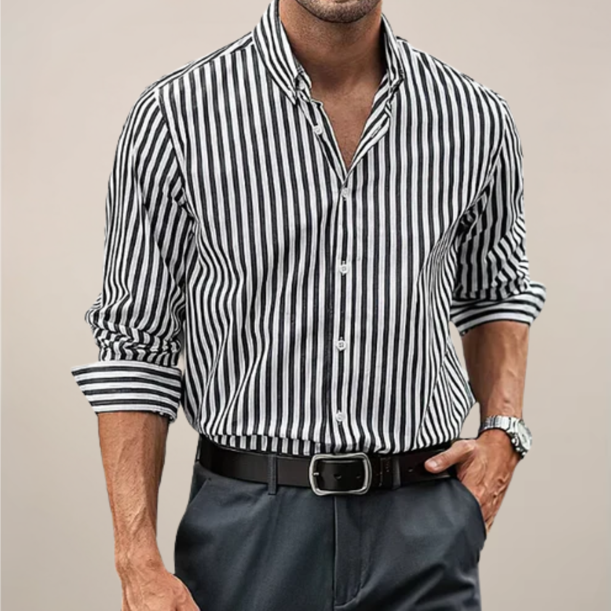 Men's Long Sleeve Casual Striped Shirt