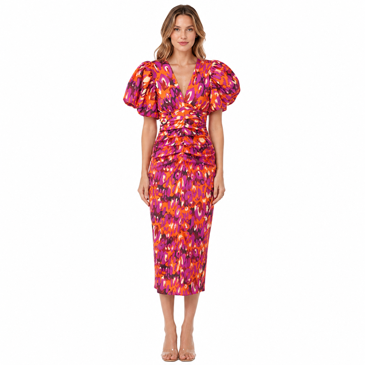 Midi Dress with Puff Sleeves for Parties