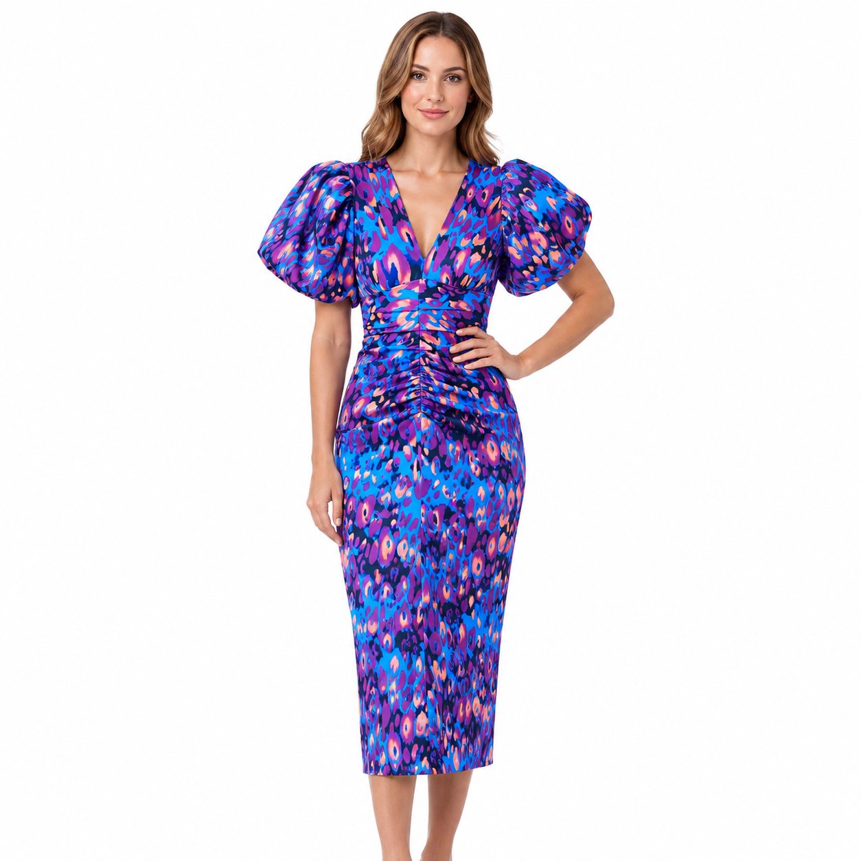 Midi Dress with Puff Sleeves for Parties