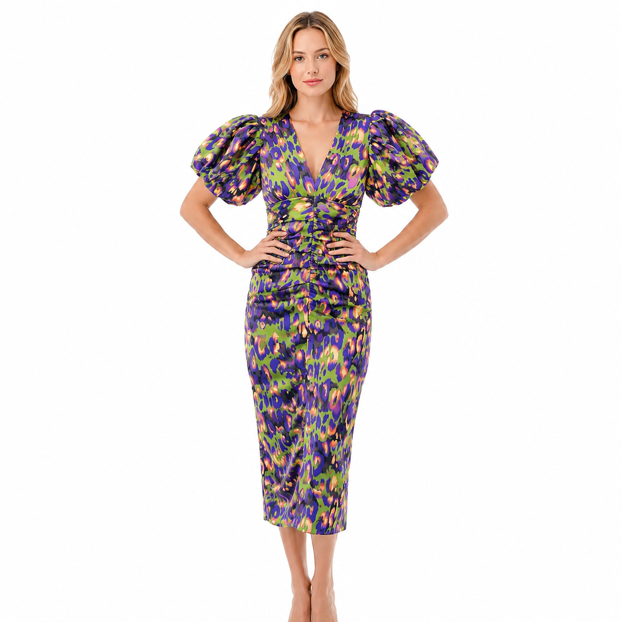 Midi Dress with Puff Sleeves for Parties