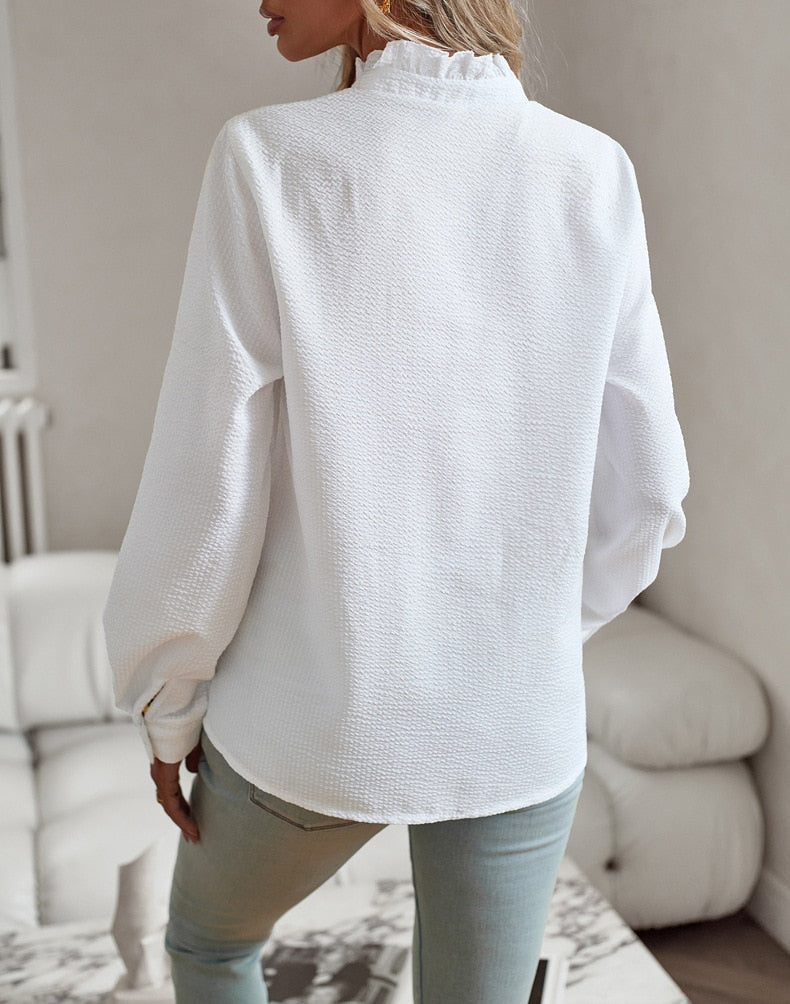 Ruffled Trim Button-Up Blouse for Women | Long Sleeve