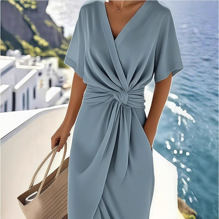 Women's Summer V-Neck Wrap Midi Dress | Short Sleeve