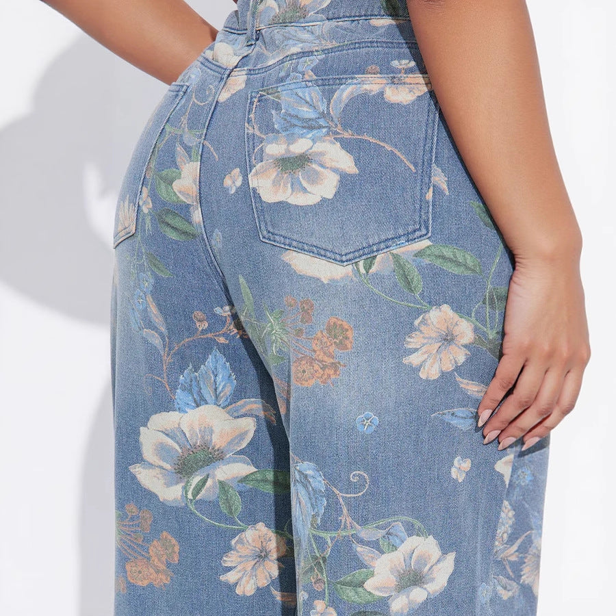 Irregular Asymmetric Pattern Print Ripped Jeans for Women