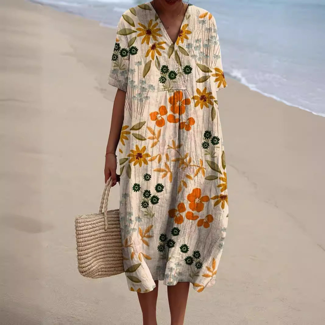 Floral Print V-Neck Midi Dress for Women | Summer Style