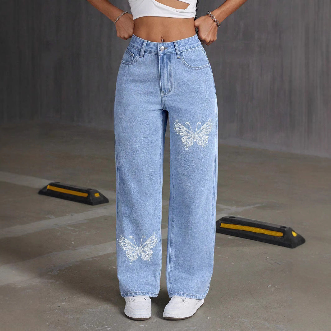 Rhinestone Butterfly Jeans Spring Autumn Straight Slim Fit Trousers