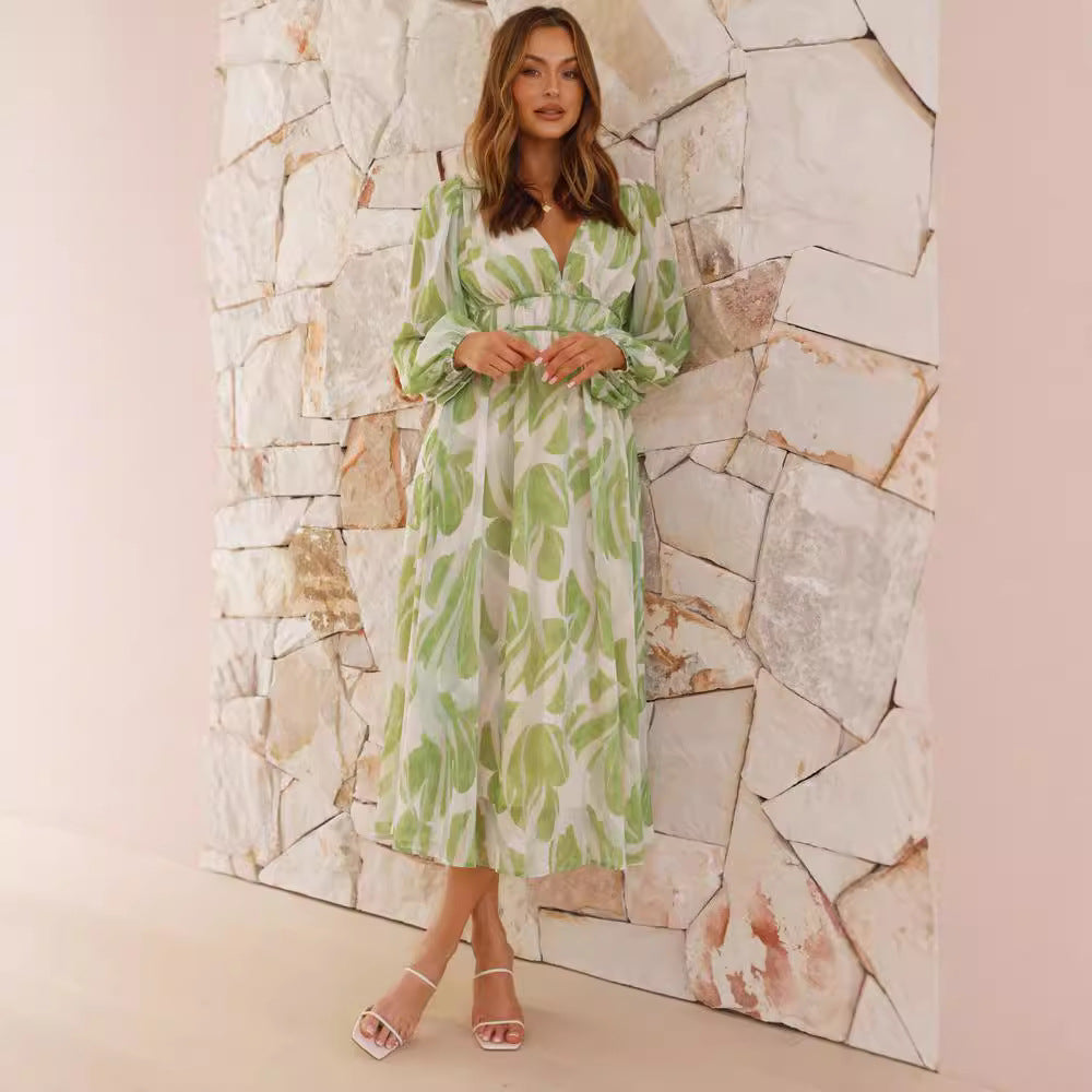 Chiffon Printed Long Sleeve Long V neck Tulle Floral Long Sleeve Dress