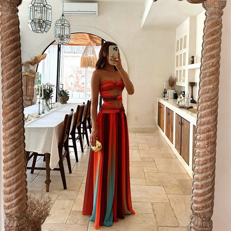 Orange Gradient Maxi Dress with Strapless Cutout Bodice for Women - Daniela