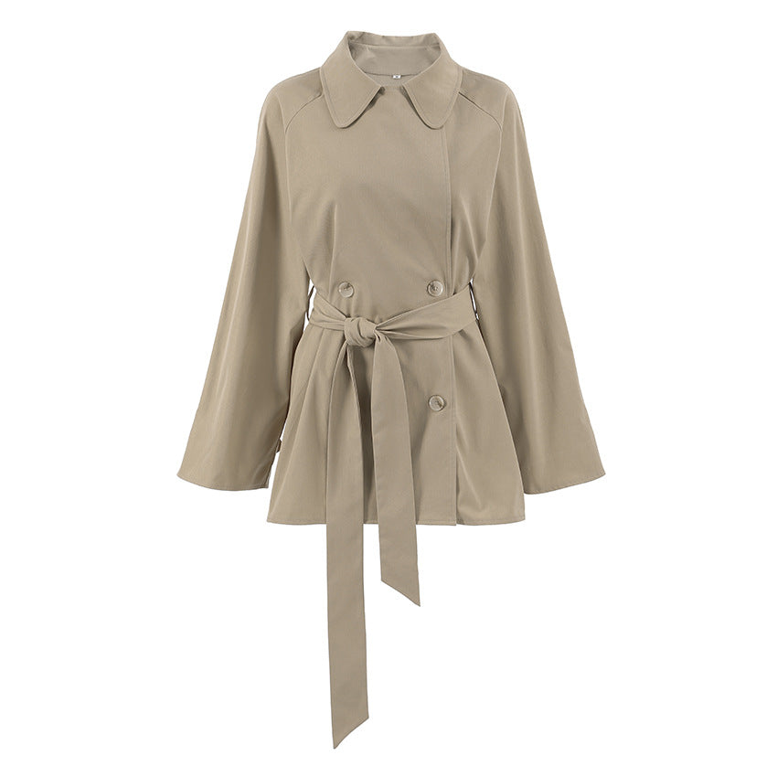 Mid Length Khaki Jacket Lace up Autumn Long Sleeve Coat